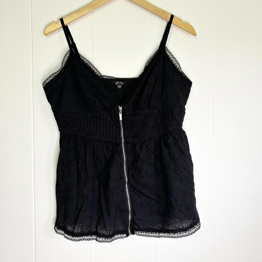 Guess Black Lace Trim Embroidered Spaghetti Strap Zip Up Tank Top Women's Large - Picture 1 of 5